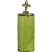 Short Round Ceramic Jar with Fleur-de-lis Finial, Green
