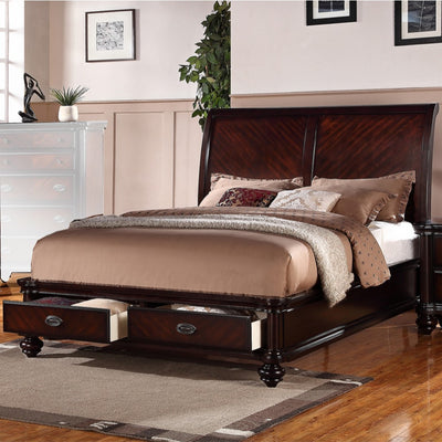 Wooden Queen Bed With 2 Under Bed Drawers, Smooth Cherry Finish