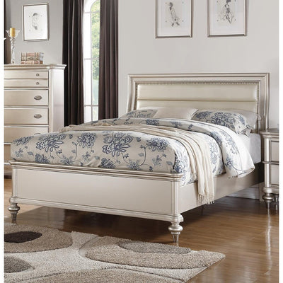 Wooden Queen Bed With Silver PU HB, Shinny Silver Finish