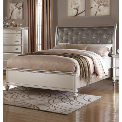 Wooden C.King Bed With Silver PU Tufted HB, Shinny Silver Finish