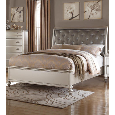 Wooden E.King Bed With Silver PU Tufted HB, Shinny Silver Finish