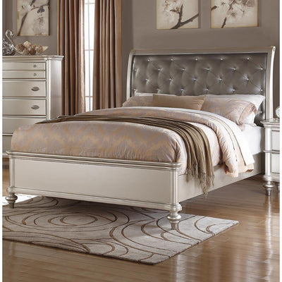 Wooden Queen Bed With Silver Tufted HB, Shinny Silver Finish
