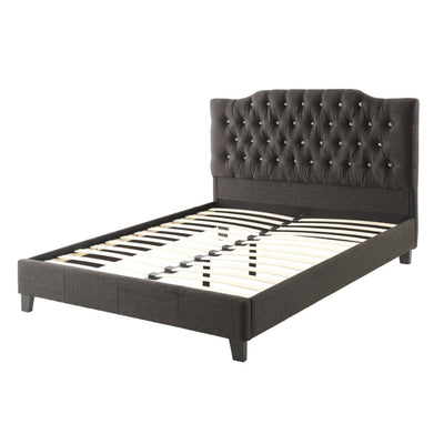 Wooden Queen Bed With Polyfiber Tufted Head Board, Ash Black