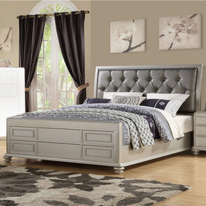 Wooden Cal.King Bed With Shinny Gray PU-HB, Silver Finish