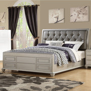Wooden Queen Bed With Shinny Gray PU-HB, Silver Finish