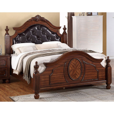 Wooden E.King Bed With PU-HB & Circular Floral Design, Cherry Finish