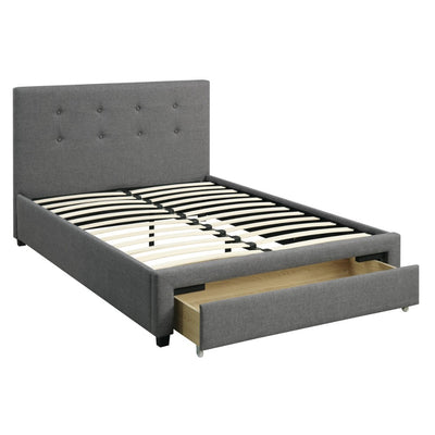 Wooden Queen Bed With Button Tufted Headboard & Lower Storage Drawer Gray
