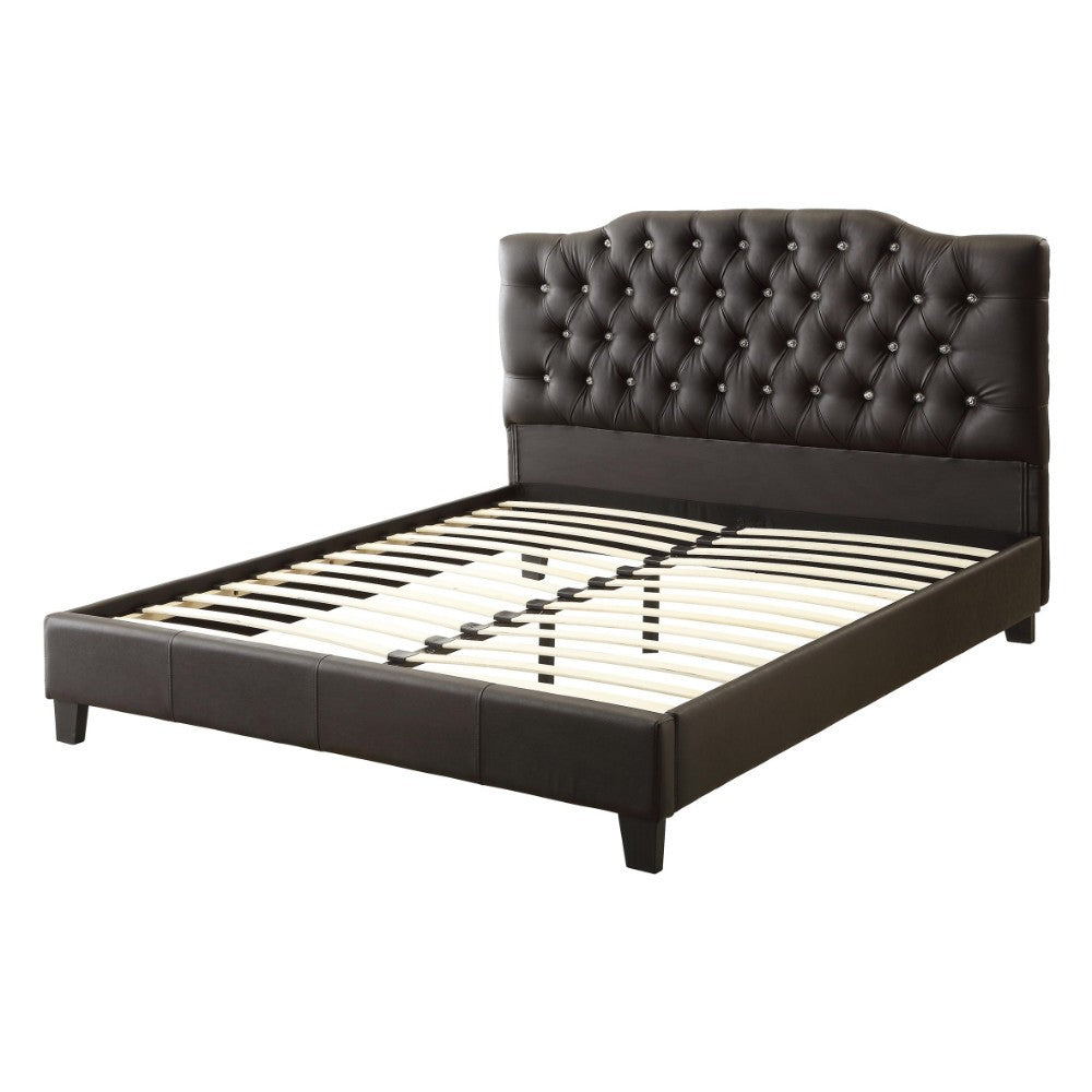 Wooden Full Bed With PU Tufted Head Board, Black