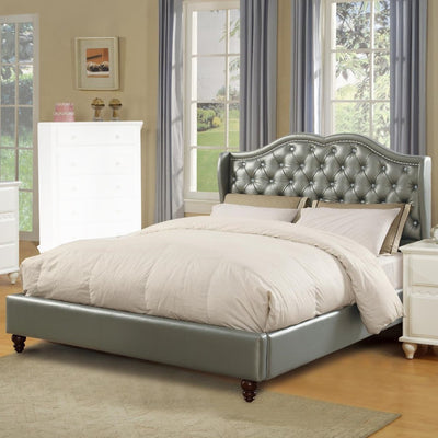 Full Wooden Bed With Tufted Headboard, Silver