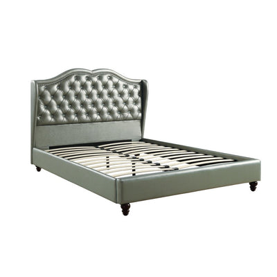 Queen Wooden Bed With PU Tufted Headboard, Silver