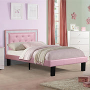 Wooden Full Bed With Pink Tufted Head Board, Pink Finish