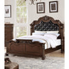 Carved & Upholstered Black PU Tufted Wooden C.King Bed Dark Walnut