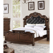 Carved & Upholstered Black PU Tufted Wooden C.King Bed Dark Walnut