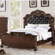 Carved & Upholstered Black PU Tufted Wooden Queen Bed Dark Walnut