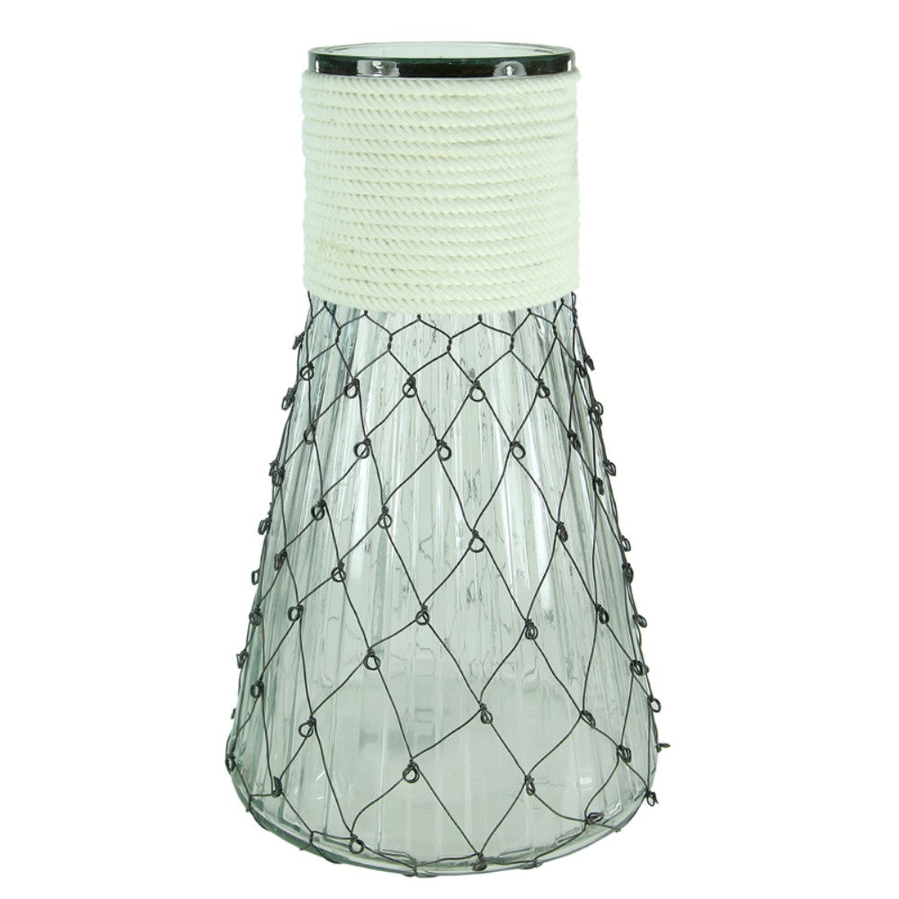 Clear Glass Vase With Chicken Wire, White