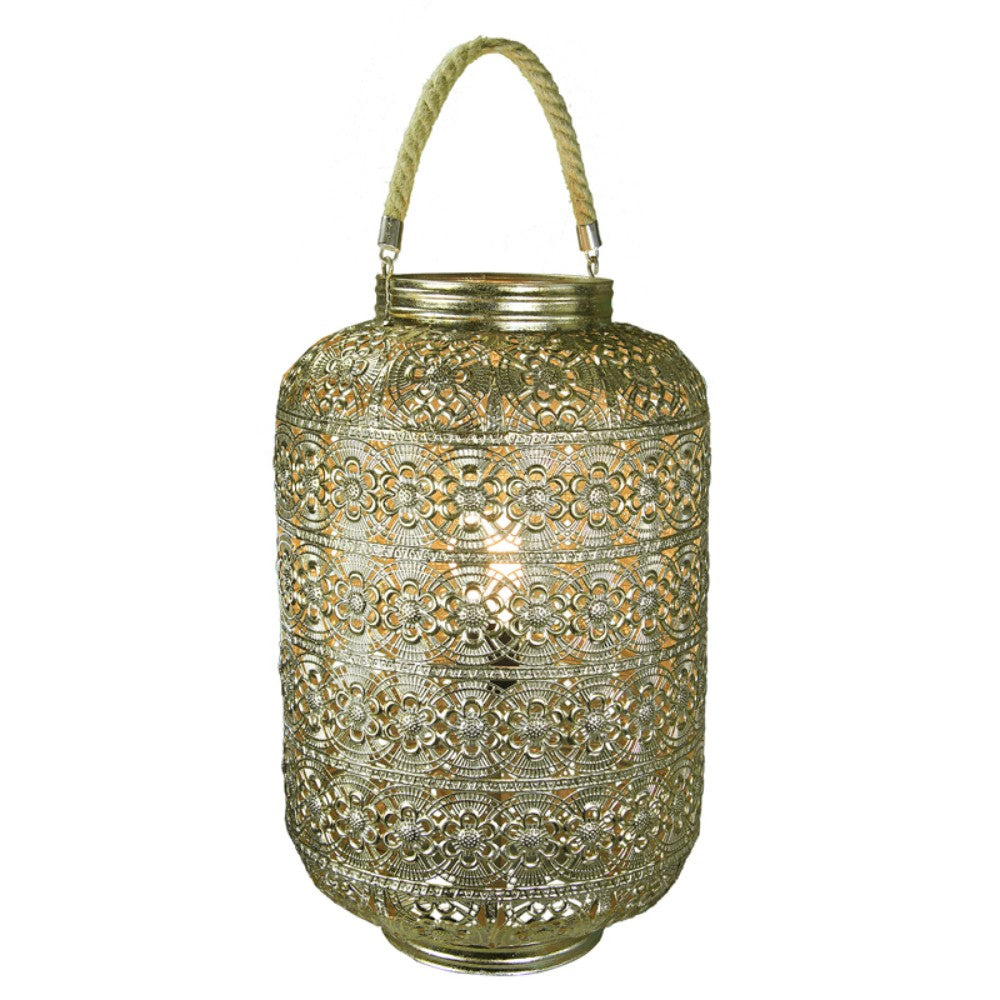 Metal Lantern With Rope Handle, Gold