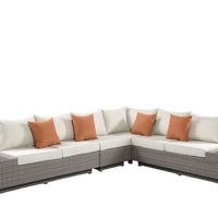 126" X 100" X 30" Beige Fabric And Gray Wicker Patio Sectional And Cocktail Table