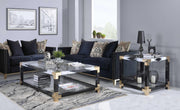 54" X 18" X 34" White Brushed, Black, Gold And Clear Glass Coffee Table