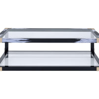54" X 18" X 34" White Brushed, Black, Gold And Clear Glass Coffee Table