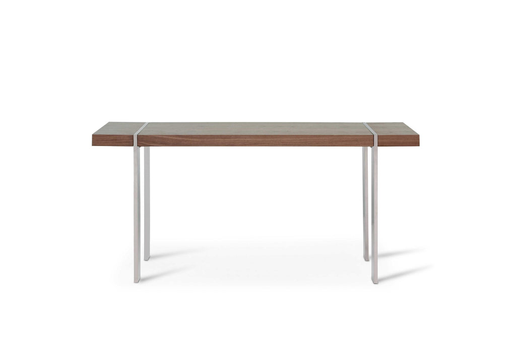 Console Walnut Veneer Polished Stainless Steel Legs.