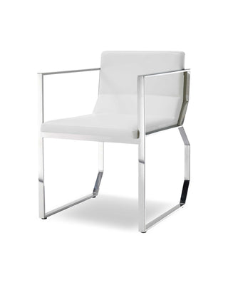 Dining Armchair White Faux Leather Polished Stainless Steel Frame