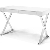 Desk Large, High Gloss White, Two Drawers, Stainless Steel Base