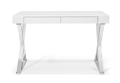 Desk Large, High Gloss White, Two Drawers, Stainless Steel Base