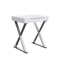 Desk Small, High Gloss White, One Drawer, Stainless Steel Base