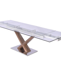 Extendable Dining Table, 1-2" Tempered Clear Glass Top, Birchwood Legs With Walnut Veneer,