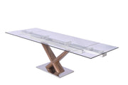 Extendable Dining Table, 1-2" Tempered Clear Glass Top, Birchwood Legs With Walnut Veneer,