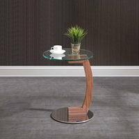 Side Table 17 Clear Tempered Glass With Walnut Veneer And Polished Stainless Steel Base