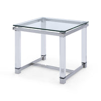 Side Table, 10 Mm Tempered Clear Glass Top, Polished Stainless Steel Frame, Acrylic Legs.