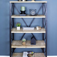 32.75" Natural and Brown Metal, Wood, and MDF Bookcase with 5 Shelves