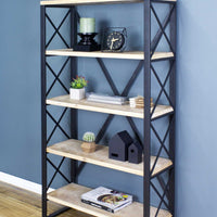 32.75" Natural and Brown Metal, Wood, and MDF Bookcase with 5 Shelves