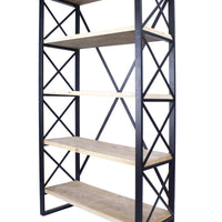 32.75" Natural and Brown Metal, Wood, and MDF Bookcase with 5 Shelves