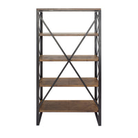 32.75" Natural and Orange Metal, Wood, and MDF Bookcase with 5 Shelves
