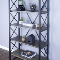 32.75" Natural and Grey Metal, Wood, and MDF Bookcase with 5 Shelves