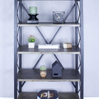 32.75" Natural and Grey Metal, Wood, and MDF Bookcase with 5 Shelves