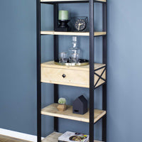 67.25" Natural, Brown Metal, Wood, and MDF Bookcase with a Drawer and 5 Shelves