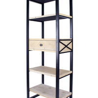 67.25" Natural, Brown Metal, Wood, and MDF Bookcase with a Drawer and 5 Shelves