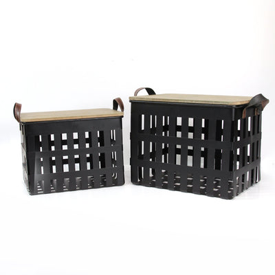 Metal Storage Baskets with Wood Tops Set of 2