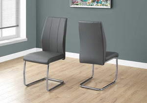 Two 77.5" Grey Leather Look, Chrome Metal, and Foam Dining Chairs