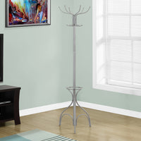 COAT RACK - 70"H - SILVER METAL WITH AN UMBRELLA HOLDER