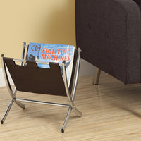 MAGAZINE RACK - DARK BROWN LEATHER-LOOK - CHROME METAL