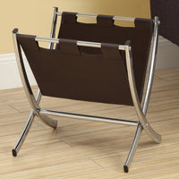 MAGAZINE RACK - DARK BROWN LEATHER-LOOK - CHROME METAL