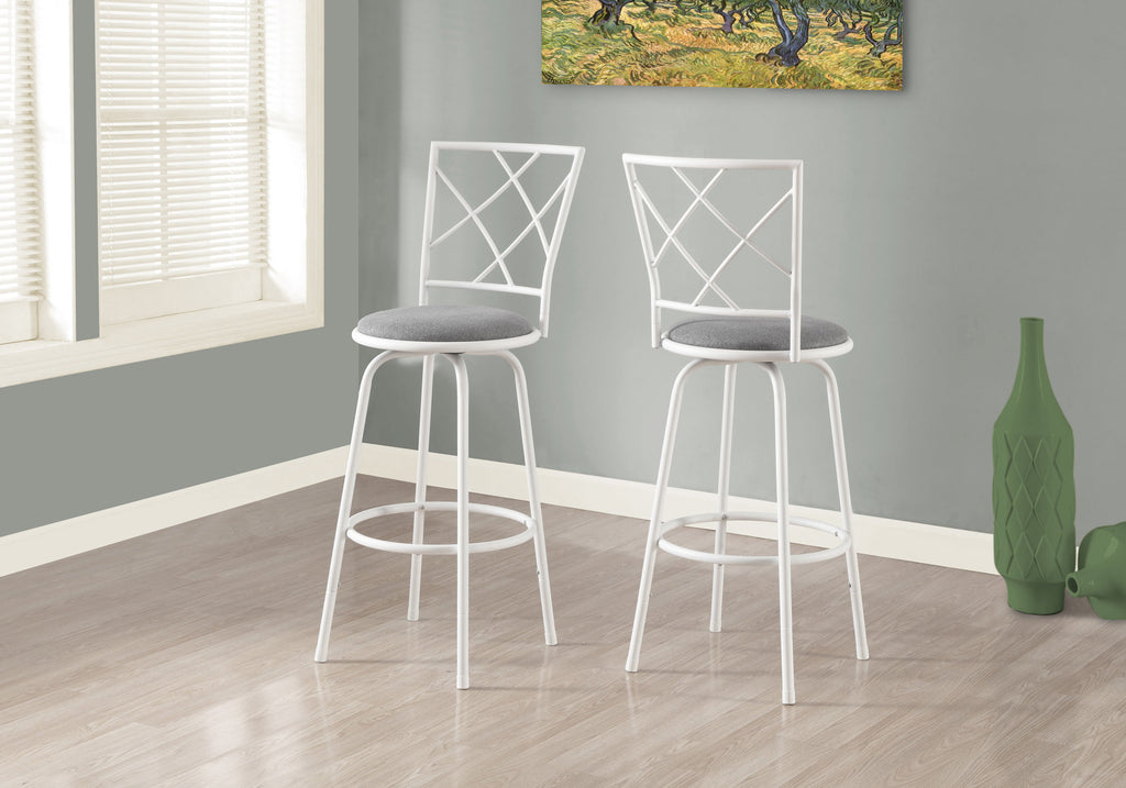 BARSTOOL - 2PCS - SWIVEL - WHITE - GREY FABRIC SEAT