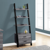 69" Grey and Black Particle Board Ladder Bookcase with Two Storage Drawers