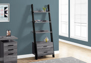 69" Grey and Black Particle Board Ladder Bookcase with Two Storage Drawers