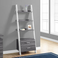 69" Grey and White Particle Board Ladder Bookcase with Two Storage Drawers