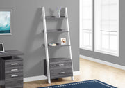 69" Grey and White Particle Board Ladder Bookcase with Two Storage Drawers
